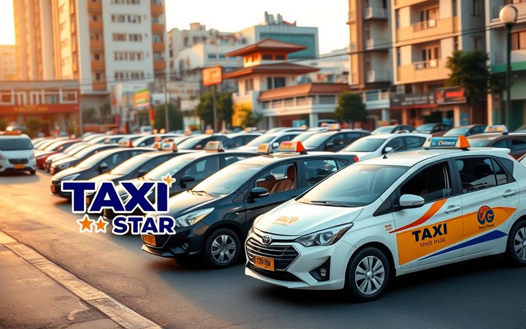 A bustling city street in Ninh Thuận, with an array of distinct taxi services prominently displayed. In the foreground, the Taxi Star logo stands out, its sleek design and vibrant colors catching the eye. The middle ground features a variety of taxi models, each with its own unique features and branding. In the background, a blend of modern and traditional architecture sets the scene, hinting at the diverse landscape of the region. The lighting is warm and inviting, casting a gentle glow over the entire composition. The angle is slightly elevated, allowing the viewer to take in the full scope of the taxi landscape in Ninh Thuận. A bustling city street in Ninh Thuận, with an array of distinct taxi services prominently displayed. In the foreground, the Taxi Star logo stands out, its sleek design and vibrant colors catching the eye. The middle ground features a variety of taxi models, each with its own unique features and branding. In the background, a blend of modern and traditional architecture sets the scene, hinting at the diverse landscape of the region. The lighting is warm and inviting, casting a gentle glow over the entire composition. The angle is slightly elevated, allowing the viewer to take in the full scope of the taxi landscape in Ninh Thuận.