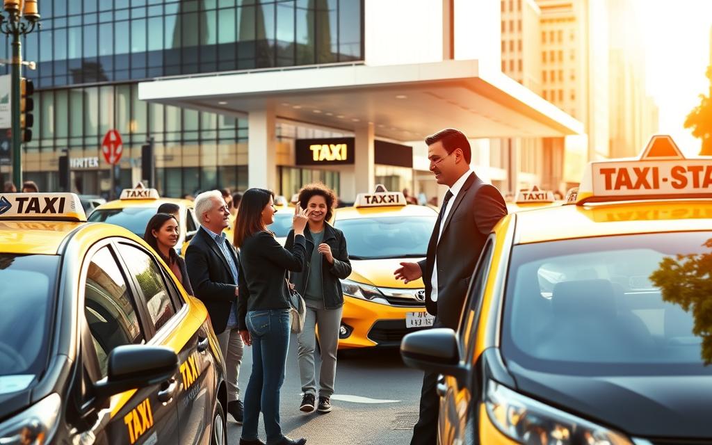 A bustling city street, with a fleet of Taxi Star vehicles lining the curb. In the foreground, a group of passengers engaged in lively discussion, gesturing animatedly as they share their experiences. The middle ground features a well-dressed businessman hailing a cab, while in the background, a modern taxi terminal with a sleek, minimalist design. Bright, warm lighting bathes the scene, creating a welcoming and vibrant atmosphere. The overall composition conveys a sense of customer satisfaction and appreciation for the reliable Taxi Star service. A bustling city street, with a fleet of Taxi Star vehicles lining the curb. In the foreground, a group of passengers engaged in lively discussion, gesturing animatedly as they share their experiences. The middle ground features a well-dressed businessman hailing a cab, while in the background, a modern taxi terminal with a sleek, minimalist design. Bright, warm lighting bathes the scene, creating a welcoming and vibrant atmosphere. The overall composition conveys a sense of customer satisfaction and appreciation for the reliable Taxi Star service.