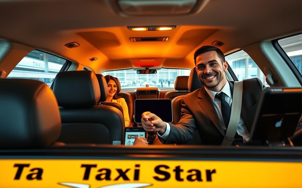 A neatly organized airport transfer service with passengers boarding a sleek, well-branded "Taxi Star" vehicle. The scene depicts the smooth process of booking, pickup, and transport, showcasing the convenience and professionalism of the service. Warm lighting illuminates the modern, minimalist interior of the car, creating a comfortable ambiance. The driver, dressed smartly, greets the passengers with a welcoming smile, ensuring a pleasant start to their journey. In the background, the airport terminal can be seen, hinting at the seamless connection between the transportation service and the traveler's overall experience. A neatly organized airport transfer service with passengers boarding a sleek, well-branded "Taxi Star" vehicle. The scene depicts the smooth process of booking, pickup, and transport, showcasing the convenience and professionalism of the service. Warm lighting illuminates the modern, minimalist interior of the car, creating a comfortable ambiance. The driver, dressed smartly, greets the passengers with a welcoming smile, ensuring a pleasant start to their journey. In the background, the airport terminal can be seen, hinting at the seamless connection between the transportation service and the traveler's overall experience.