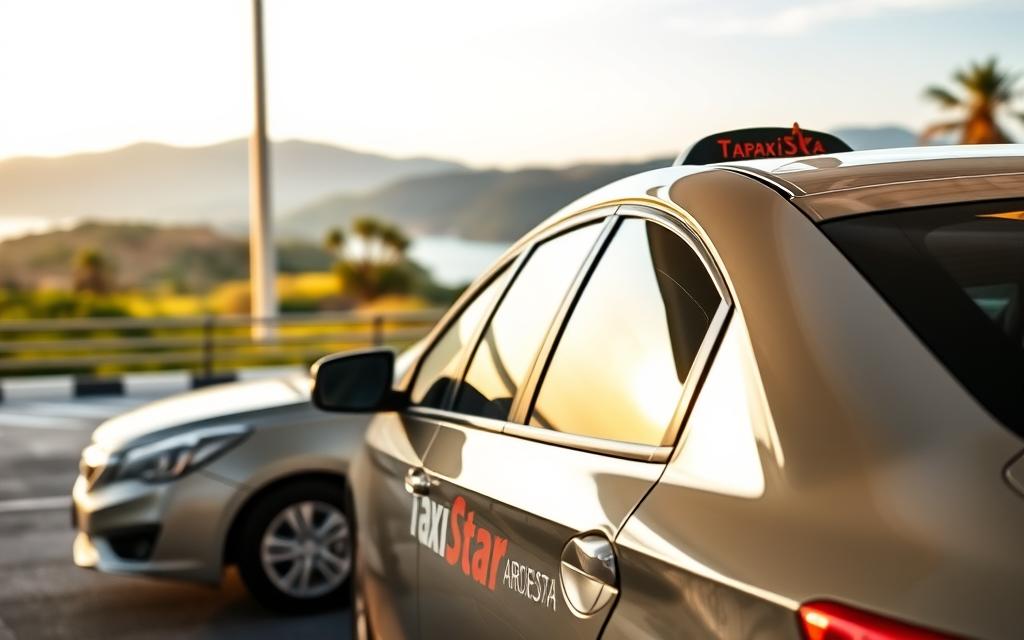 A sleek, modern taxi in the foreground, its "Taxi Star" insignia prominently displayed, waits to pick up passengers at the Cam Ranh Airport terminal. The background depicts a picturesque coastal landscape, with rolling hills and palm trees, reflecting the scenic route to Phan Rang. Soft, warm lighting illuminates the scene, conveying a sense of comfort and reliability for the airport transfer service. The composition emphasizes the taxi's availability and accessibility, inviting travelers to effortlessly continue their journey from the airport to their final destination. A sleek, modern taxi in the foreground, its "Taxi Star" insignia prominently displayed, waits to pick up passengers at the Cam Ranh Airport terminal. The background depicts a picturesque coastal landscape, with rolling hills and palm trees, reflecting the scenic route to Phan Rang. Soft, warm lighting illuminates the scene, conveying a sense of comfort and reliability for the airport transfer service. The composition emphasizes the taxi's availability and accessibility, inviting travelers to effortlessly continue their journey from the airport to their final destination.