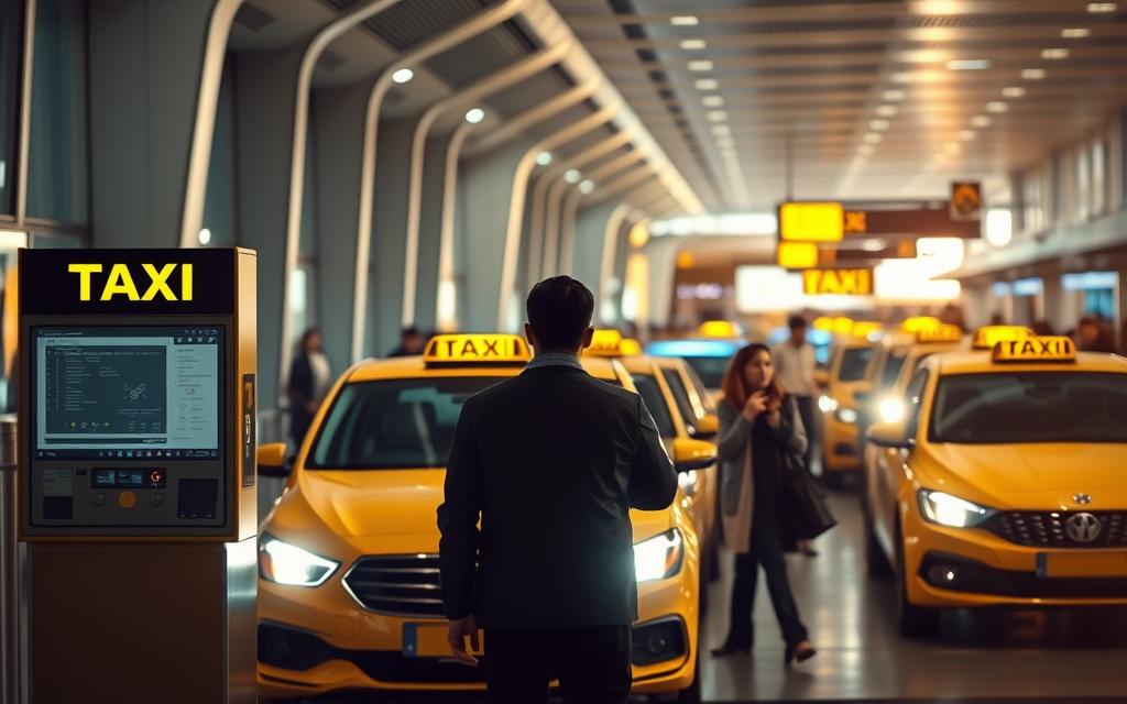 A vibrant scene of the airport taxi booking process. In the foreground, a person standing at a "Taxi Star" booth, their silhouette against a backdrop of sleek, modern architecture. The middle ground features a lineup of taxis, their headlights gleaming, as passengers queue to board. In the background, the hustle and bustle of the airport terminal, with travelers hurrying to their destinations. Soft, warm lighting illuminates the scene, creating a welcoming atmosphere. The overall composition conveys the seamless, efficient taxi service available to travelers at this airport. A vibrant scene of the airport taxi booking process. In the foreground, a person standing at a "Taxi Star" booth, their silhouette against a backdrop of sleek, modern architecture. The middle ground features a lineup of taxis, their headlights gleaming, as passengers queue to board. In the background, the hustle and bustle of the airport terminal, with travelers hurrying to their destinations. Soft, warm lighting illuminates the scene, creating a welcoming atmosphere. The overall composition conveys the seamless, efficient taxi service available to travelers at this airport.